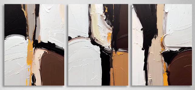 Modulare Abstraktion in Weiß, Schwarz und Braun, mehrteiliger Kunstdruck auf Leinwand