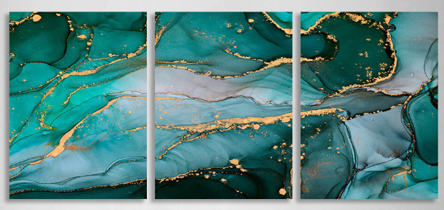 Modularer, grüner, abstrakter Kunstdruck mit goldenen Elementen, mehrere Teile auf Leinwand