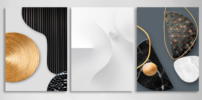Modularer Kunstdruck auf Leinwand, graue Figuren mit Schwarz- und Goldtönen, mehrere Teile