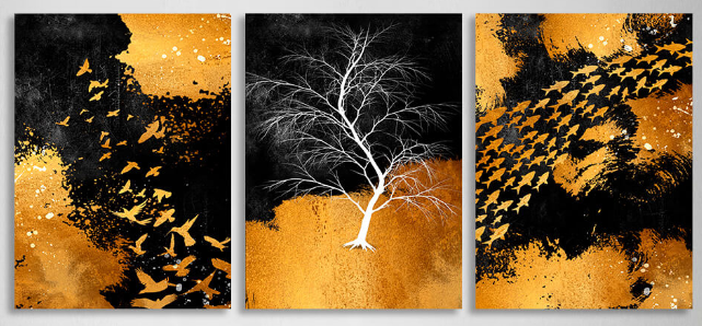 Modulare Abstraktion in den Farben Schwarz, Gold und Weiß. Mehrteiliger Kunstdruck auf Leinwand.
