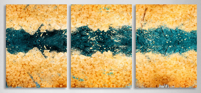Modularer, goldener, abstrakter Kunstdruck mit dunkelgrünen Blumen, mehrere Teile auf Leinwand