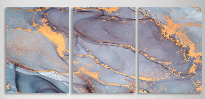 Modularer, grau-goldener abstrakter Kunstdruck mit goldenen Elementen, mehrere Teile auf Leinwand