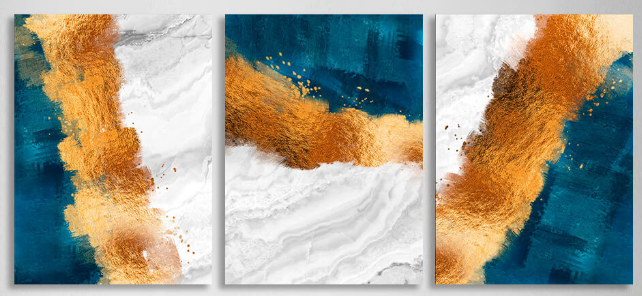 Modularer blau-goldener abstrakter Kunstdruck mit grauen Elementen, mehrere Teile auf Leinwand