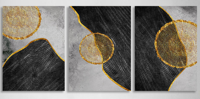 Modularer Kunstdruck auf Leinwand, geometrische Abstraktion mit goldenem Figurenrand, mehrere Teile