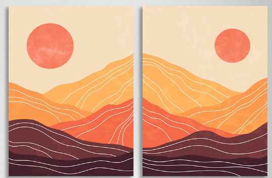 Modularer abstrakter Wüstendruck in den Farben Orange, Braun und Rot. Mehrteiliger Leinwand-Kunstdruck