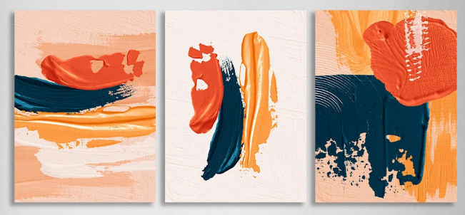 Modularer abstrakter Kunstdruck auf Leinwand, mehrteilig, orange und blau