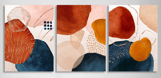 Modularer dreiteiliger abstrakter Kunstdruck auf Leinwand in Blau und Orange