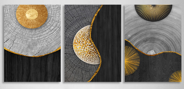 Modularer dreiteiliger Kunstdruck auf Leinwand, mehrteilig, aus schwarzem und grauem Holz