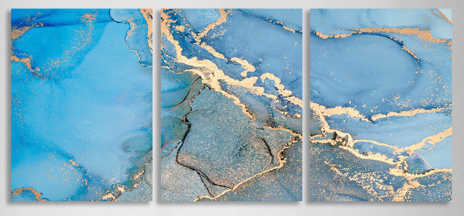 Modularer abstrakter mehrteiliger Kunstdruck auf Leinwand in Blau und Gold