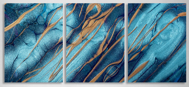 Modularer blau-blauer abstrakter Kunstdruck mit goldenen Elementen, mehrere Teile auf Leinwand
