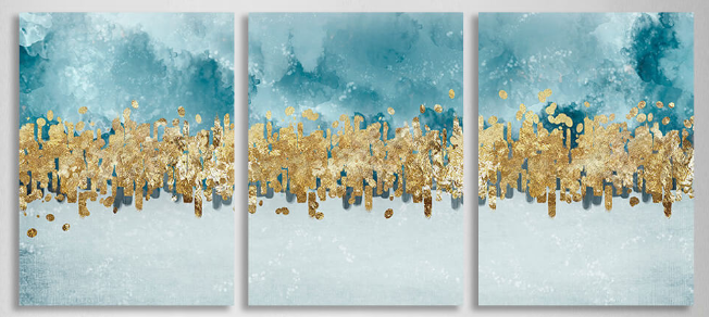 Modularer blau-grauer abstrakter Kunstdruck mit goldenen Elementen, mehrere Teile auf Leinwand