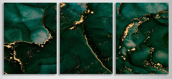 Modularer abstrakter Kunstdruck auf Leinwand, mehrere Teile, Grün und Gold