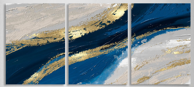 Modularer blau-grauer abstrakter Kunstdruck mit goldenen Elementen, mehrere Teile auf Leinwand
