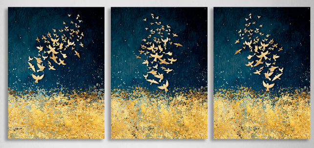 Modulare Abstraktion in Gold- und Blautönen, mehrteiliger Kunstdruck auf Leinwand