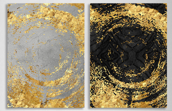 Modularer abstrakter Kunstdruck auf mehrteiliger Leinwand in Schwarz, Gold und Grau
