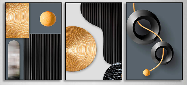 Modularer Kunstdruck auf Leinwand, grau-goldene Figuren mit schwarzen Elementen, mehrere Teile
