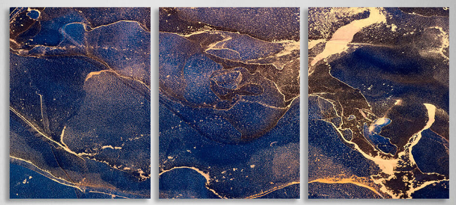 Modularer abstrakter mehrteiliger Kunstdruck auf Leinwand in Blau-Gold