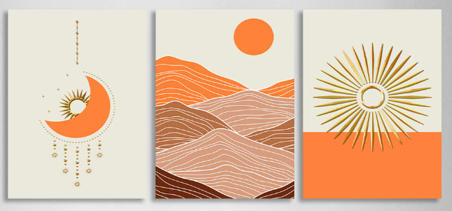 Modulare geometrische Abstraktion mit leuchtend orangefarbenem, mehrteiligem Leinwandbild.