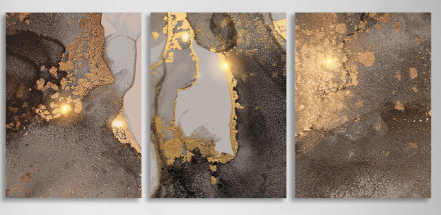 Modularer abstrakter Kunstdruck auf Leinwand, mehrere Teile, grau-gold