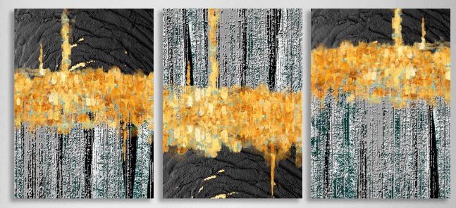 Modularer, grau-goldener abstrakter Kunstdruck mit schwarzen Elementen, mehrere Teile auf Leinwand