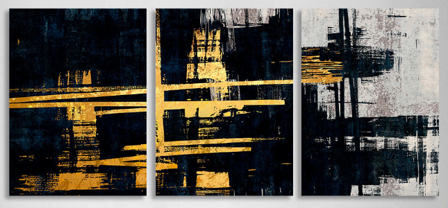 Modularer Kunstdruck auf Leinwand, abstrakt in Gold und Blau mit Grautönen, mehrere Teile
