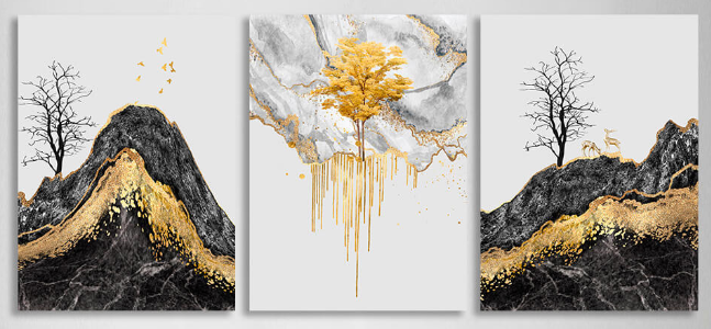 Modulares abstraktes Bild mit kräftiger goldener Farbe. Mehrteiliger Kunstdruck auf Leinwand.