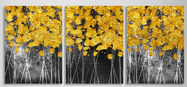 Modularer Kunstdruck auf Leinwand, mehrteilig, mit goldenen Punkten auf dunkelgrauem Hintergrund