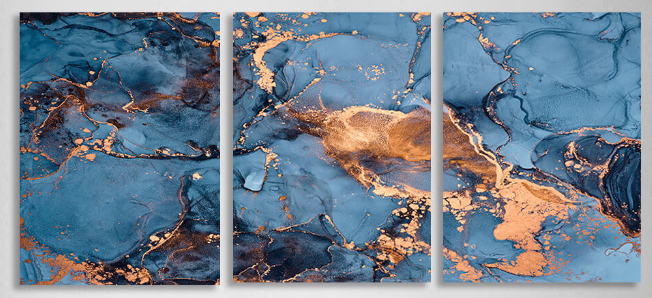 Modularer abstrakter mehrteiliger Kunstdruck auf Leinwand in Blau und Gold