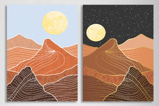 Modularer Kunstdruck auf Leinwand, mehrteilig, Berge bei Tag und bei Nacht