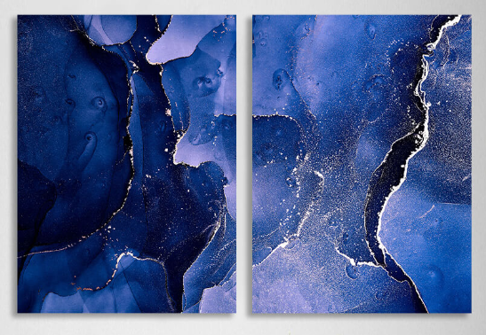 Modularer blauer abstrakter Kunstdruck mit weißen Linien und blauen Farbtönen, mehrteilig, auf Leinwand