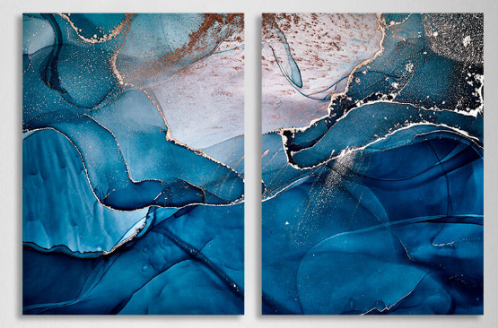 Modularer blau-grauer Abstraktions-Kunstdruck auf Leinwand, mehrere Teile