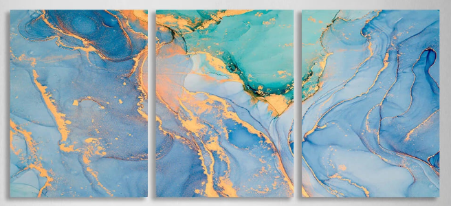 Modularer abstrakter Kunstdruck auf mehrteiliger Leinwand in Blau- und Goldfarben