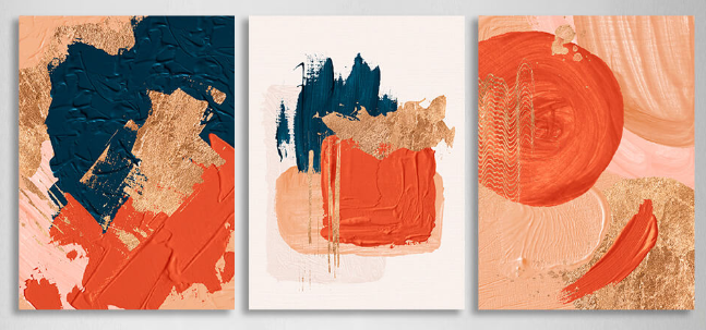 Modularer, abstrakter Kunstdruck auf Leinwand, mehrteilig, Orange und Blau mit goldenen Elementen